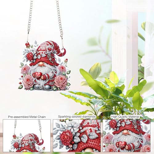 Image of Rose Gnome Diamond Painting Hanging Kit, DIY 5D Acrylic Diamond Art Pendant with Special Shaped Rhinestones, Valentine's Day Craft Ornament for Wall, Window, or Home Decor, Handmade Gift for Adults