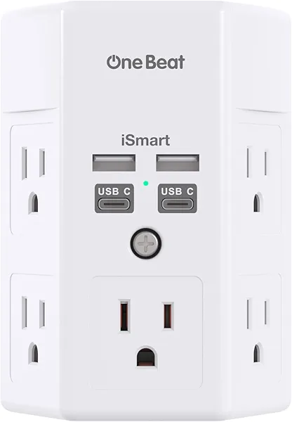 One Beat 1680J 3 Side Power Strip Multi Plug Expander, Surge Protector, 5 Outlets Extender, 4 USB Ports (USB C), Wall Mount Charger, Outlet Splitter Adapter for Home, Travel, Office, ETL Listed, White