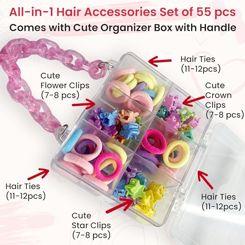 Image of TEMPERIA Hair Accessories Birthday Gift Items for Girls & Kids | Combo of Hair Claw Clips, Rubber Bands, Hair Pins & More | Cute Hair Styling Kit for Baby Girls for Party & Wedding | Multicolor -55pcs