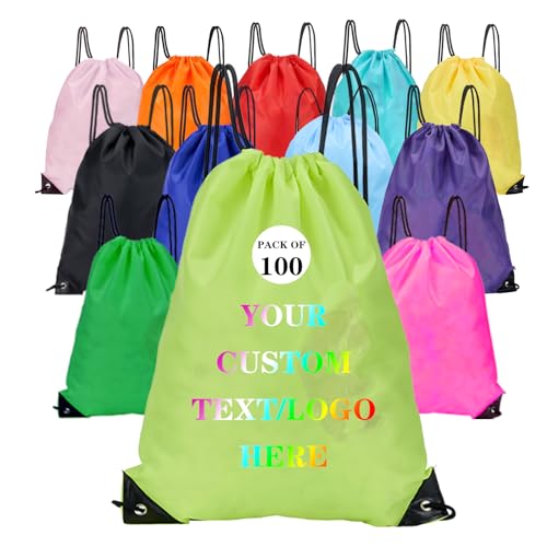 Custom Bags With Your Logo Set of 100 Custom Backpack Draw String Bags Pack Bulk for Travelling Swimming Gym Everyday Use (Yellowish green)