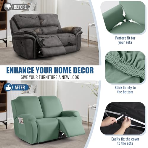Image of TAOCOCO Recliner Loveseat Slipcover, 2 Pieces Polyester Fabric Stretch Sofa Covers for 2 Seat Reclining Couch, Soft Washable Furniture Protector with Pockets (2 Seat, Bean Green)