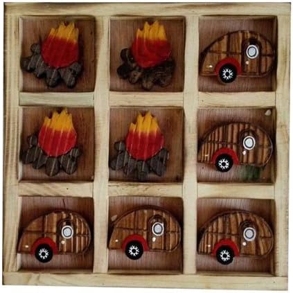 Wood Crafted Collectible Tic Tac Toe Travel Board Tray Set, Camping Campfire RV, 8"