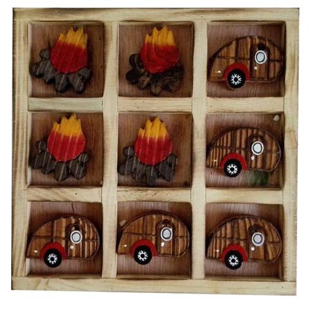 Wood Crafted Collectible Tic Tac Toe Travel Board Tray Set, Camping Campfire RV, 8"