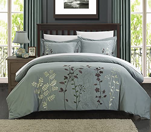 Chic Home Kaylee 3 Piece Duvet Cover Set Embroidered Floral Design Backing Zipper Closure Bedding-Decorative Pillow Shams Included, Queen, Sage #TOP2