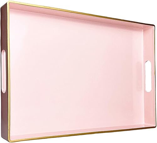 Bandeja de servir rosa con asas, bandeja decorativa rectangular para mesa de café, bandeja otomana de plástico para sala de estar, baño, mesa de