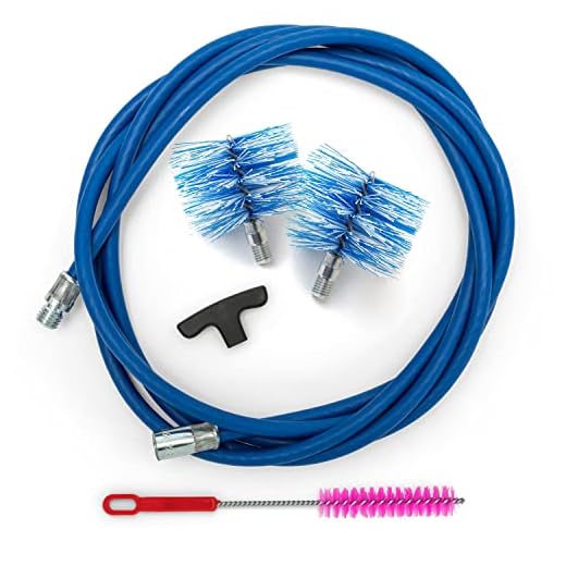 BARETTO Kit de Limpieza de Estufas de Pellets, Kit Deshollinador Estufa Pellets con Extensión de 3 Metros con Curva de 90°, 2 Cepillos Estándar de Nylon 80 mm y 100 mm (3 M)