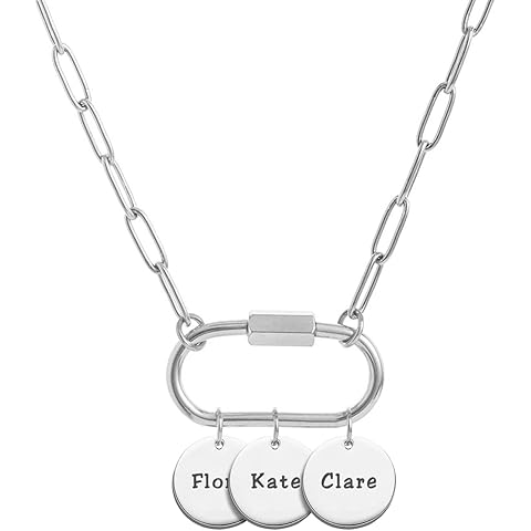Custom Carabiner Coin Charm Necklace Personalized Mom Necklace with Family Name Stainless Steel 18K Gold Plated Paperclip Necklace for Women,Handmade Jewelry for Her,Birthday Gift for Mother Grandma