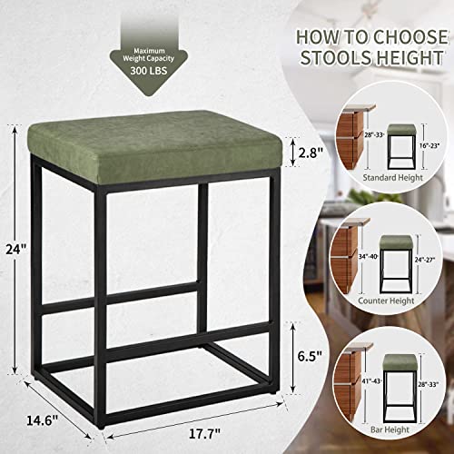 Heugah Counter Height Bar Stools,24 Inch Bar Stools Set Of 2,Faux Leather Bar Stools Counter Height,Modern Backless Bar Stools With Upholstered And Metal Steel Frame (24 Inch, Green) #TOP2
