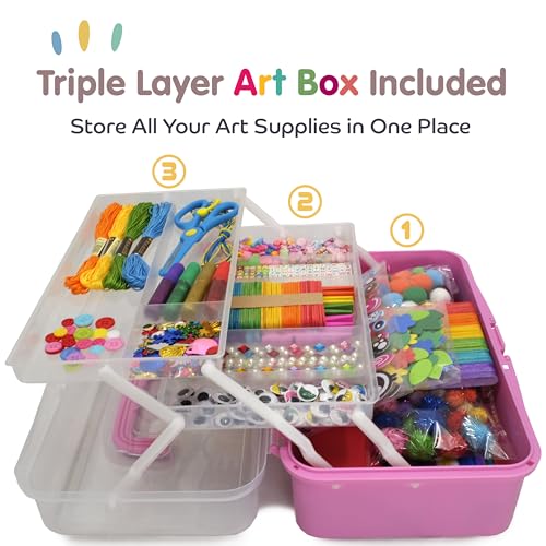 Olly Kids Arts and Crafts Supplies for Kids Girls 4 5 6 7 8 9 10 11 & 12- Ultimate Crafting Supply Carboodle in Portable 3 Layered Plastic Art Box