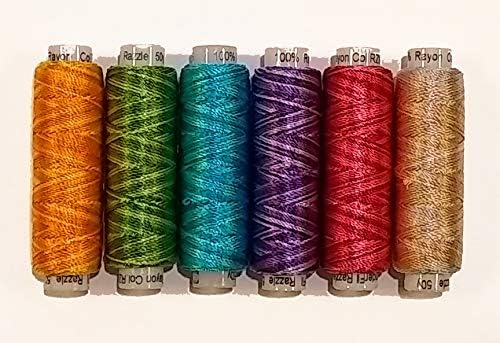 Sue Spargo Lustrous Razzle Rayon Thread, Size #8 - Set of Six 50yd Spools for Embroidery & Embellishment (Taffy)