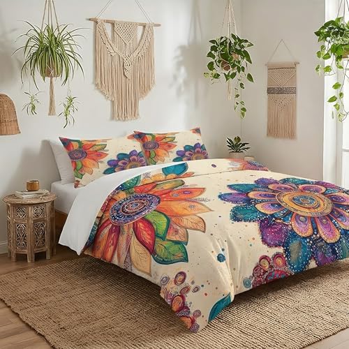 Housse de couette fleurs mandala microfibre 240x280 avec zip fluide