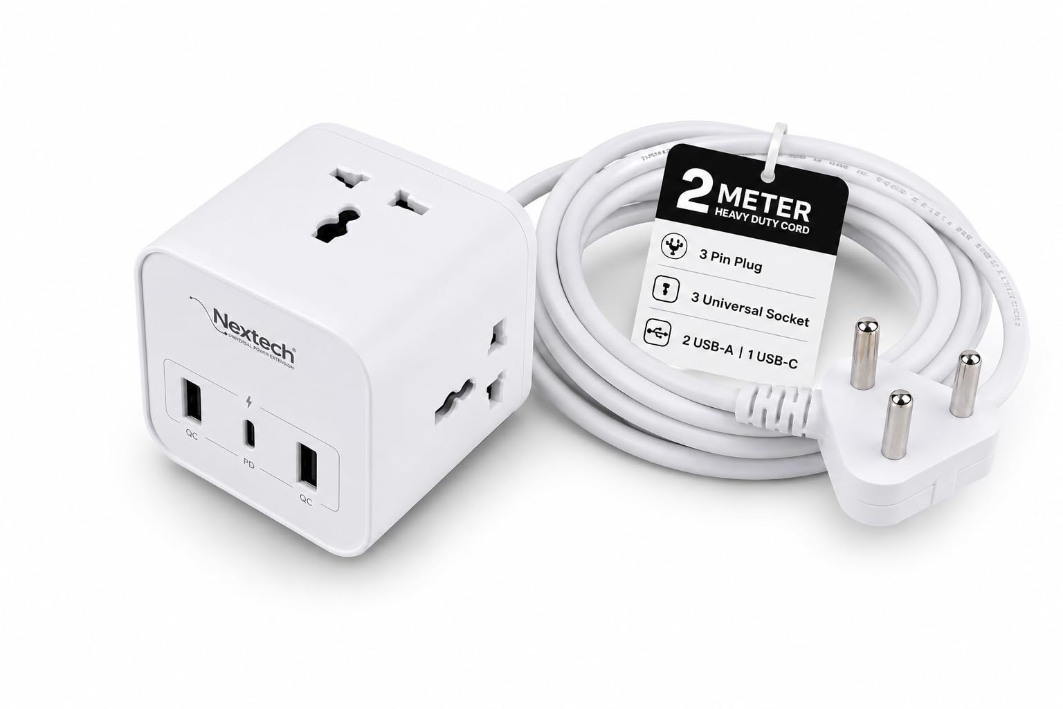 Nextech 20W Cube 20 High Speed Smart Desktop Charger with 2M Copper Cable, Type C PD Port, 2 USB Mach Port, 3 AC Power Socket, Compatible with Laptop,Smartphones,iPhones,Tablet,Power Bank(White)-image-1