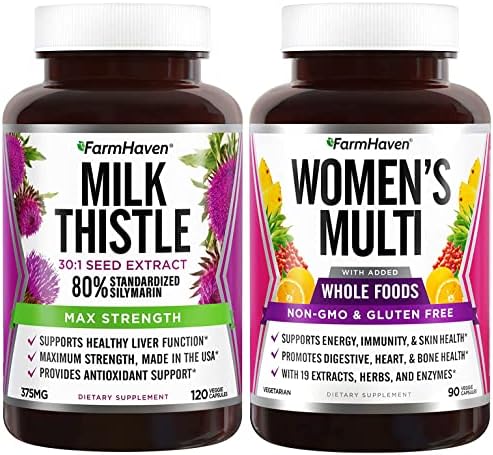 FarmHaven Milk Thistle Capsules | 11250mg Strength and Multivitamin for Women | 22 Essential Nutrients, Fruits & Veggies Womens Multivitamin | Boosts Energy, Immune, Heart Health Bundle
