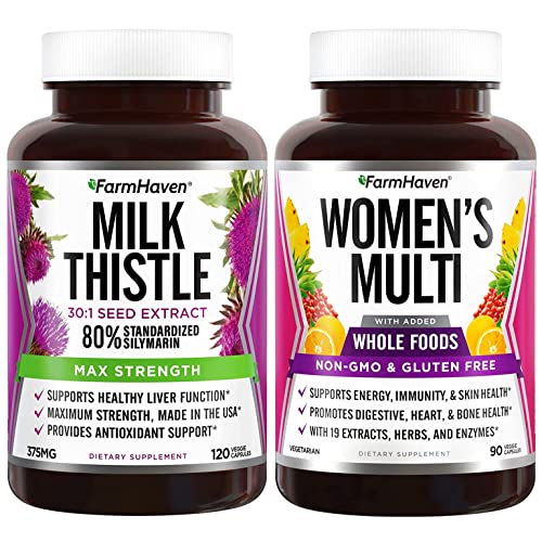 Farmhaven Milk Thistle Capsules | 11250Mg Strength And Multivitamin For Women | 22 Essential Nutrients, Fruits & Veggies Womens Multivitamin | Boosts Energy, Immune, Heart Health Bundle #TOP1