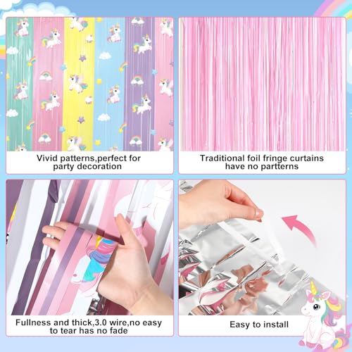 Image of Tiamon 2 Pack Unicorn Party Decorations 3.3 x 6.6 Ft Foil Fringe Curtains Pastel Rainbow Magical Horse Birthday Backdrop Tinsel Streamers Photo Booth for Unicorn Baby Shower Birthday Party Supplies