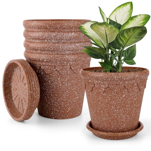 Vanavazon 6.5 Inch Plant Pots, 5 Pack Planters with Drainage Hole and Saucers, Plastic Flower Pots for Indoor and Outdoor,Speckled Terracotta