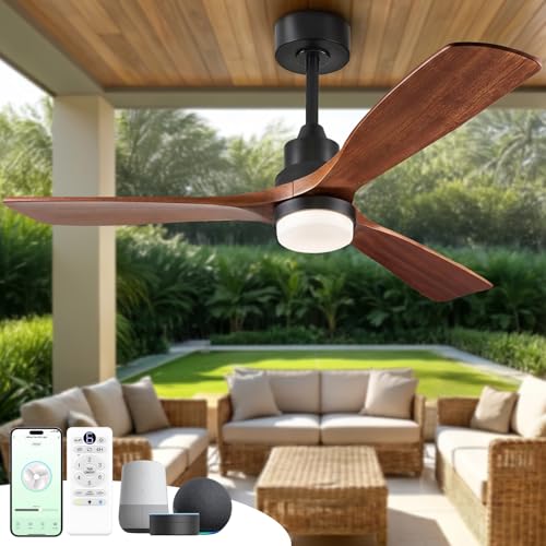 ORGINESE 60 inch Smart Ceiling Fan with Lights Outdoor Ceiling Fan 3 Wood Blades Compatible with Alexa/Gg Voice Control&App&Remote Quiet DC Motor for Covered Patio Porch Bedroom Dark Walnut