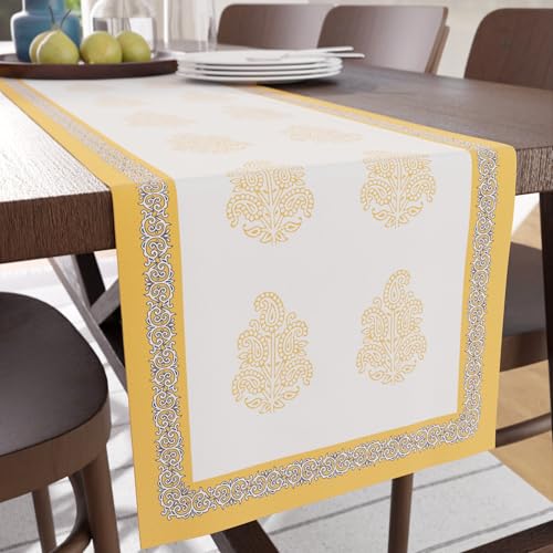 Image of Encasa XO Dining Table Runner for 4 to 6 Seater | Yellow-01 Block Printed Cotton Canvas | 32x150 cm | Jaipur Sanganeri Hand Print