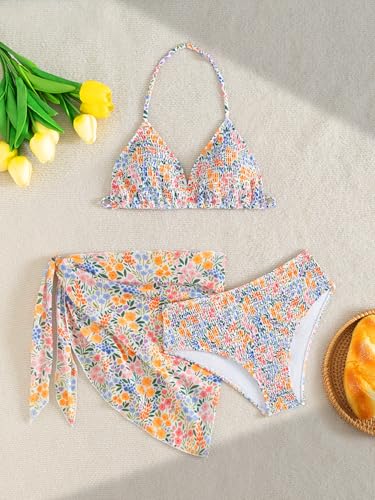 Image of SEGT Girl's 3 Piece Striped Bikini Swimwear Cute Swimsuits Bathing Suit High Waisted with Cover Up Beach Skirt