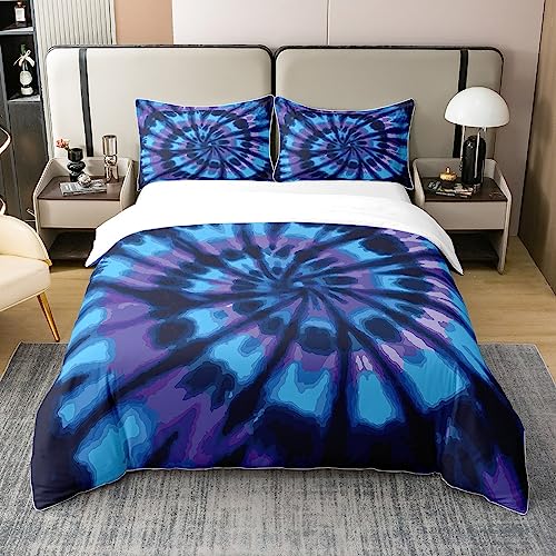 Loussiesd Tie Dye Duvet Set Boho Psychedelic Swirl Bedding 100% Cotton Set Blue Purple Tie Dye 100% Cotton Duvet Cover Hippie Bohemian Quilted Duvet Set Bedroom Collection 3Pcs Double Zipper