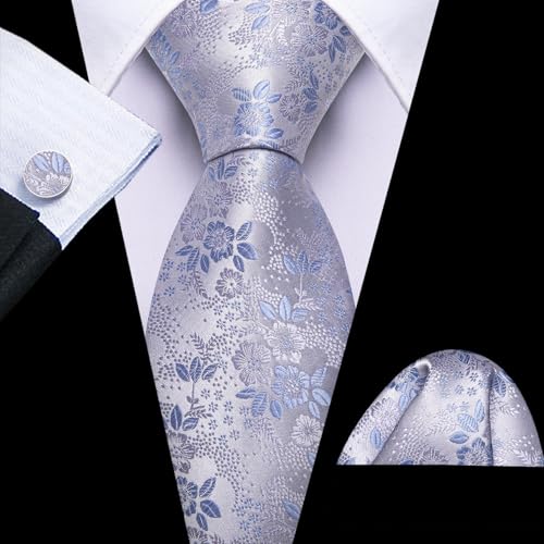 Image of Barry.Wang Flower Ties for Men Silk Woven Floral Tie Sets Necktie Handkerchief Cufflinks Wedding Party