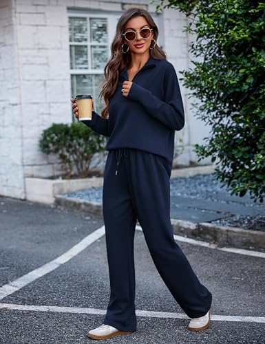 Totatuit Womens Sweatsuits 2 piece Set Lapel Half Zip Oversized Sweatshirts and Wide Leg Pants Tracksuit Travel Outfit3