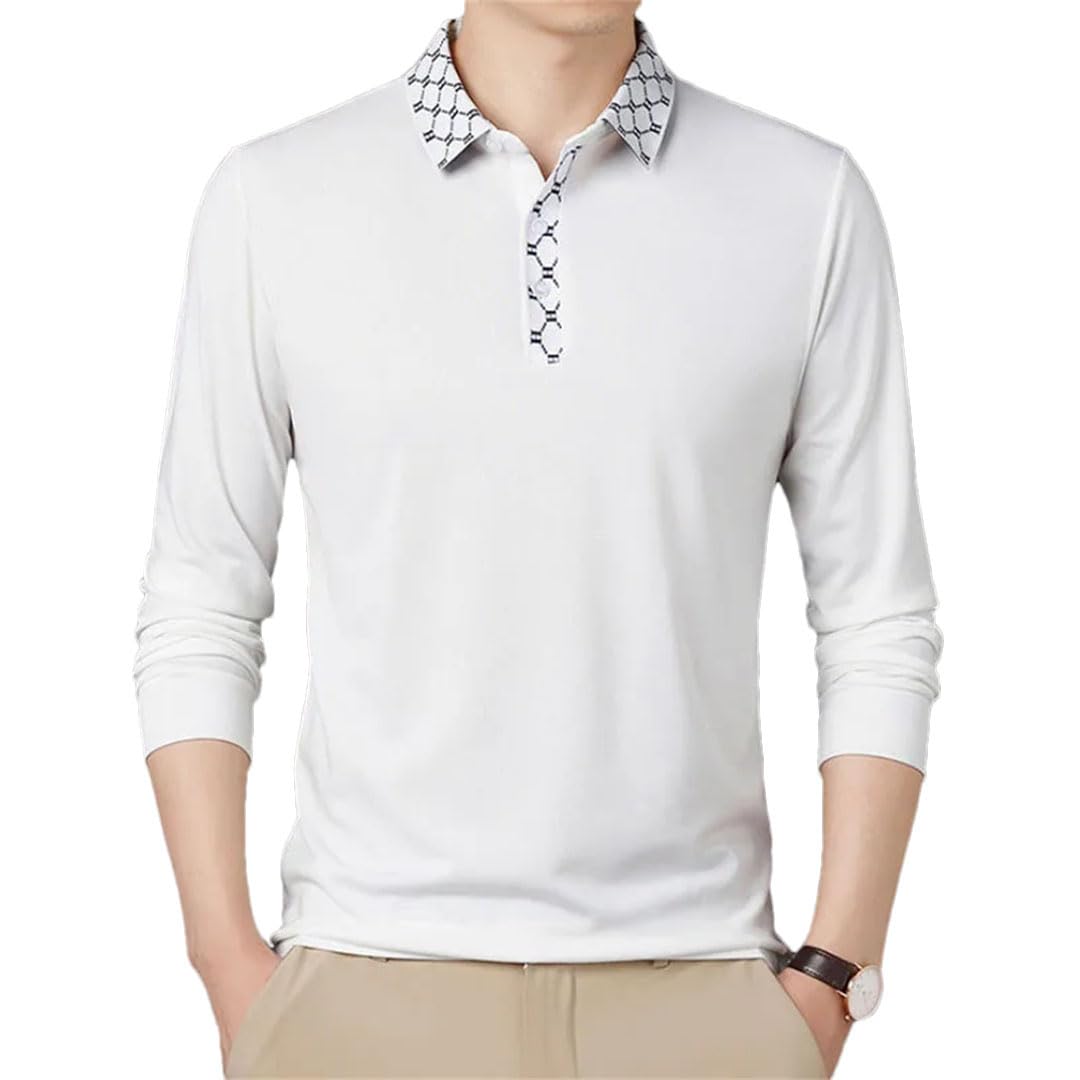 Camisa de manga larga delgada y elegante para hombre, cuello polo, color liso, para negocios, para hombre