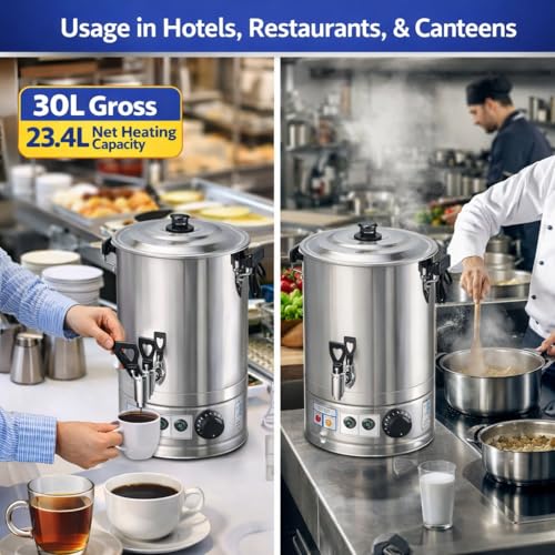 Image of 2000W Electric Water Boiler with 30L Gross 23.4L Net Heating Capacity | Stainless Steel Commercial Heating Machine for Hotel, Restaurant, & Canteens | Tea Coffee Milk Dispenser