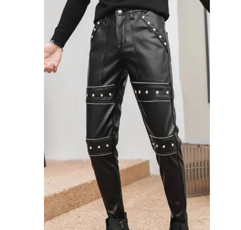 Men's Faux Leather Skinny Biker Pants Slim Fit Stage Club Motorcycle Trousers2