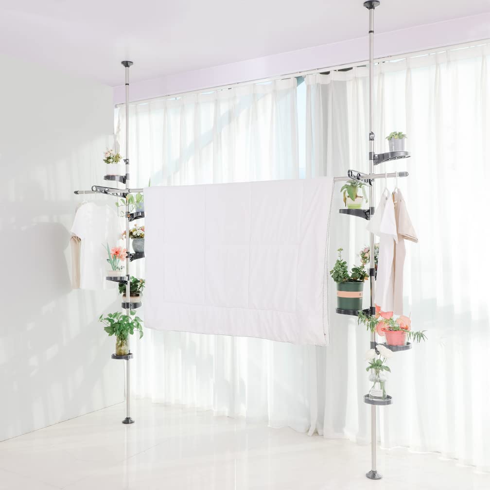 Hershii Teleskop Blumenregal Blumenständer Ecke Pflanzenregale mit 12 Blumentopfhalter und 2 Aufhänger 1 Hängestange für Blumenkörbe und Innenbalkon Garten Höhenverstellbarer 230~290cm Metall Grau