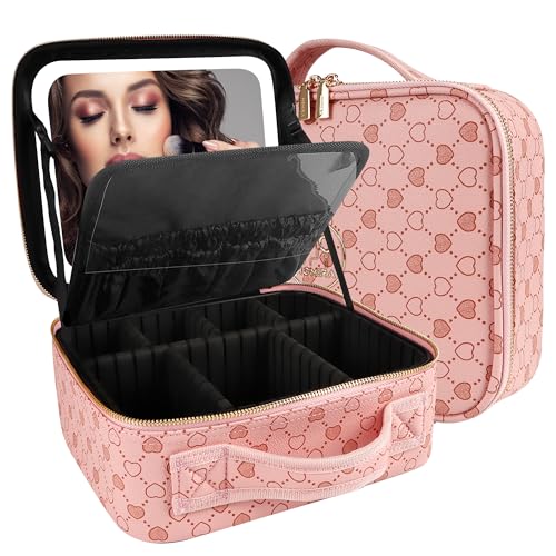 MOMIRA Travel Makeup Bag Cosmetic Bag Makeup Organizer Bag with Large Lighted Mirror 3 Color Scenarios Adjustable Brightness（Love Pattern Pink）