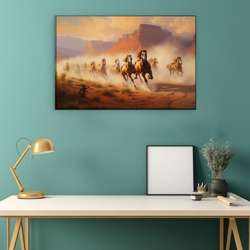 Canvas for Living room. Galloping Majesty: A Dynamic Herd's Desert Charge, 27 x 18 inch Canvas Wall Art - Ready to Hang - 69x46 cm (27x18 inch)