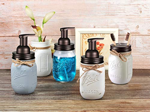 Mason Jar Bathroom Accessories Set(4Pcs)- Jars Not Included - Foaming Soap Dispenser,Toothbrush Holder, And Apothecary Storage Jars Lids -Rustic Farmhouse Decor,Brown #TOP5