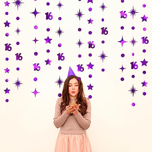 Image of Purple Number 16 Circle Dot Twinkle Star Garland Kit Metallic Hanging Streamer Bunting Banner Backdrop Decorations for Girls Boys 16th Birthday Sweet Sixteen Wedding Anniversary Bridal Shower Party
