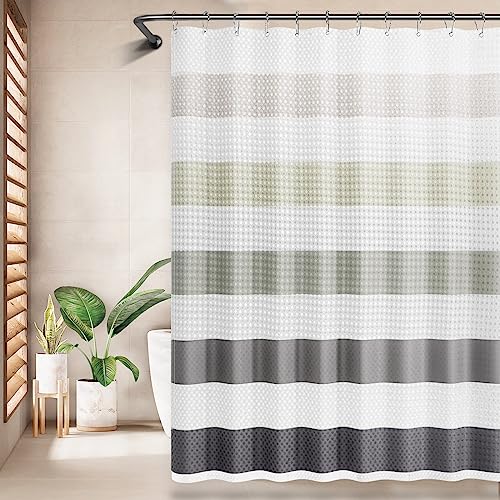 AmazerBath Grey Shower Curtain with Hooks, Grey and White Shower Curtain Waffle Textured, Flowing Striped Shower Curtain Set Fabric Soft, Water Repellent, 72" W x 72" H AmazerBath Grey Shower Curtain with Hooks, Grey and White Shower Curtain Waffle Textured, Flowing Striped Shower Curtain Set Fabric Soft, Water Repellent, 72" W x 72" H