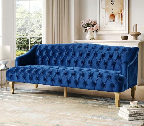 Image of Merax 3 Seater Velvet Couch Sofa with Hi-Back & Solid Wood Birch Legs, Mid-Century Modern Style Deep Seat Upholstered Couches for Living Room, Bedroom, Apartment Furniture, Dark Blue