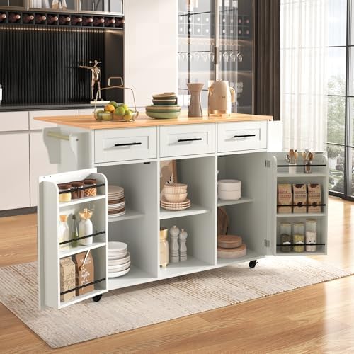 LAKFEW Island Kitchen with 5 Wheels and Folding Table, Kitchen Si...