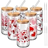 SiliFine 6 Pcs Valentine‘s Day Drinking Glasses 16 oz Hearts Glass Cup with Bamboo Lid and Straw Can Shaped Beer Glass Reusable Love Smoothie Cup for Women Teenager Valentine Party Birthday Gift