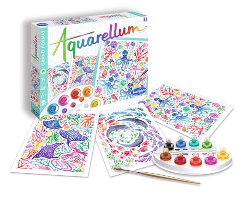 SentoSphère- Aquarellum grand format - FONDS MARINS - Kit peinture aquarellable - Activité créative avec 3 tableaux 32,5 x 25 cm – 9 peintures incluses -...