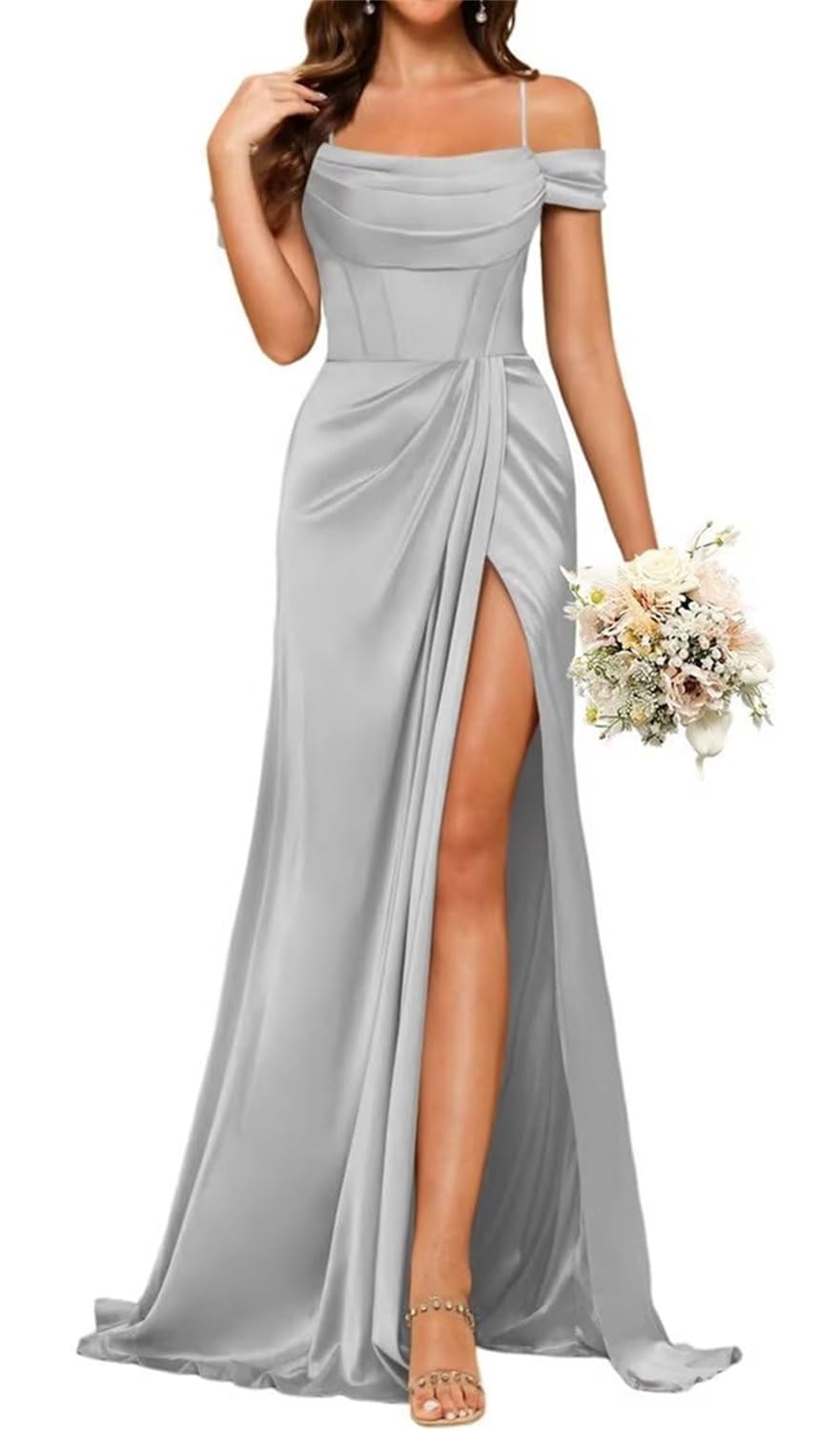 Yiann Women's Silver Prom Dresses For With Slit Cold Shoulder Satin Bridesmaid Dress Formal Party Gown Uk16