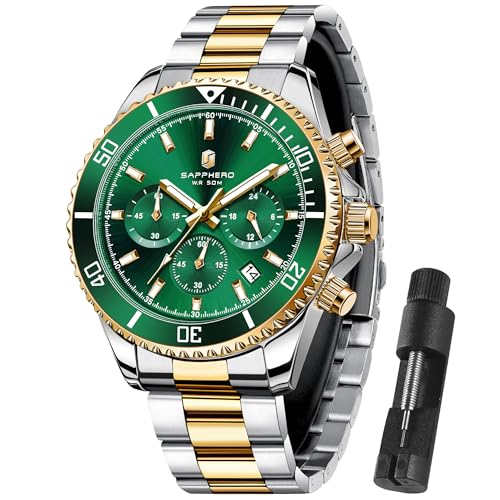 SAPPHERO Uhren Herren Chronograph Analog Quarz 50M Wasserdicht Armbanduhr Herren Mode Lässig Business Herrenuhren mit Kalender Edelstahlarmband Uhr Geschenk für Männer