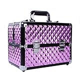 Maletín de maquillaje de aluminio, maletín de herramientas para uñas, estuche de belleza, con espejo, con cerradura, color morado