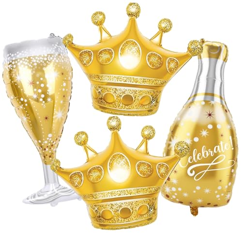 Image of 4PCS Champagne Balloons, Gold Champagne Bottle Glass Balloons Crown Shaped Helium Foil Balloon for Birthday Bachelorette Engagement Wedding Bridal Shower Graduation Anniversary Party Decorations