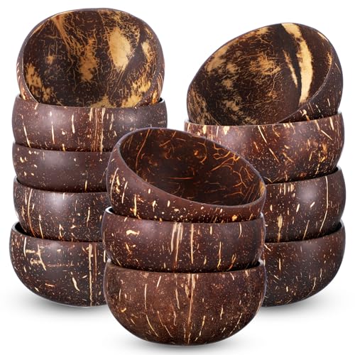 JIEYAO 12 Pack Coconut Shell Bowls, Polished Wooden Bowls Rustic Kitchen Decor for Acai Salad Vegan Gifts