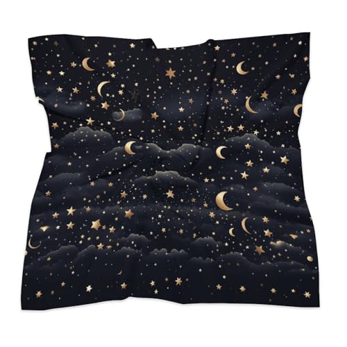 Stars And Moon on Dark Background Silk Scarf for Women Square Hair Neck Scarves Fashion Neck Scarf Soft Satin Headscarf