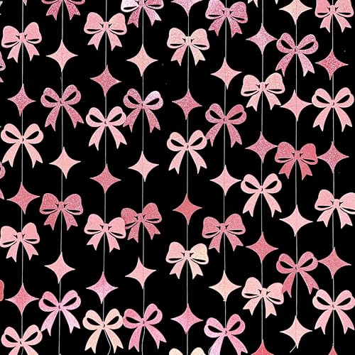 Image of Pink Bow Decorations Pink Glitter Paper Star Bow Hanging Garland Streamer Banner for Coquette Birthday Bridal Shower Wedding Anniversary Bachelorette Engagement Baby Shower Party Decorations Supplies