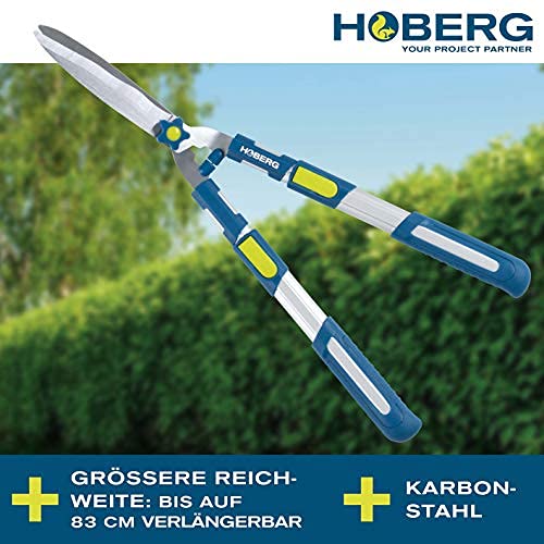 Hoberg Teleskop-Heckenschere | 4 Stufen einstellbar, 67-83 cm, Wellenschliff-Klingen, Karbonstahl | rutschfeste Griffflächen, Gelenkschonende Puffer