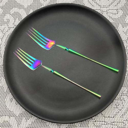 Image of Stainless Steel Flatware Set, Premium Cutlery Tableware Service Include Fork Set, Eating Utensil Sets with Steak, Mirror Polished, Dishwasher Safe (6 Pcs Small Fork, Rainbow)