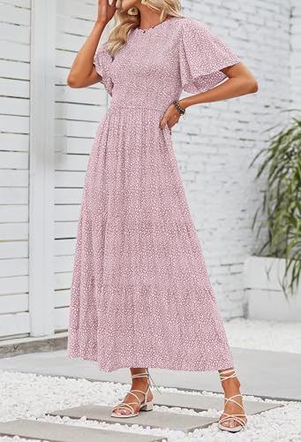 Image of ZESICA Women's 2026 Summer Boho Floral Maxi Dresses Casual Short Flutter Sleeve Smocked Tiered Flowy Dress