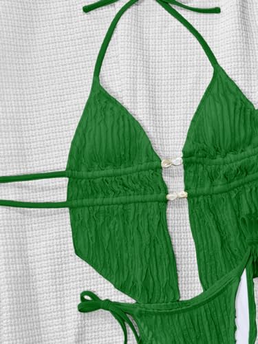 Image of RoseSeek Women's 2 Piece Boho Polka Dots Beaded Bikini Sets Sexy Swimsuits | Halter Swimsuits, Backless, Textured, Tie Side, Tankini Set, Bathing Suits, Summer, Vacation